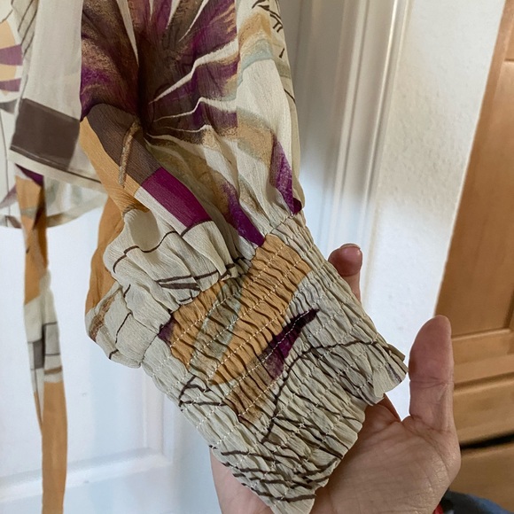 Mystree Cream and Orange Wrap Tie Front Long Sleeve Blouse - Picture 2 of 5